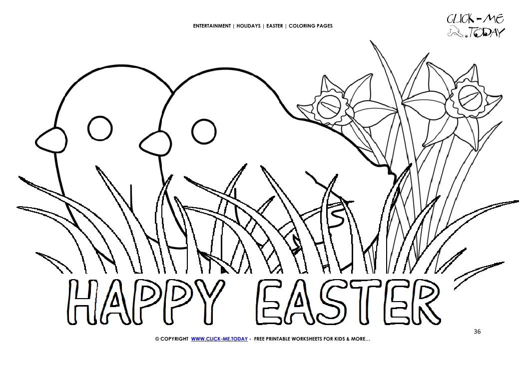 Easter Coloring Page: 36 Easter chicken in grass and flowers